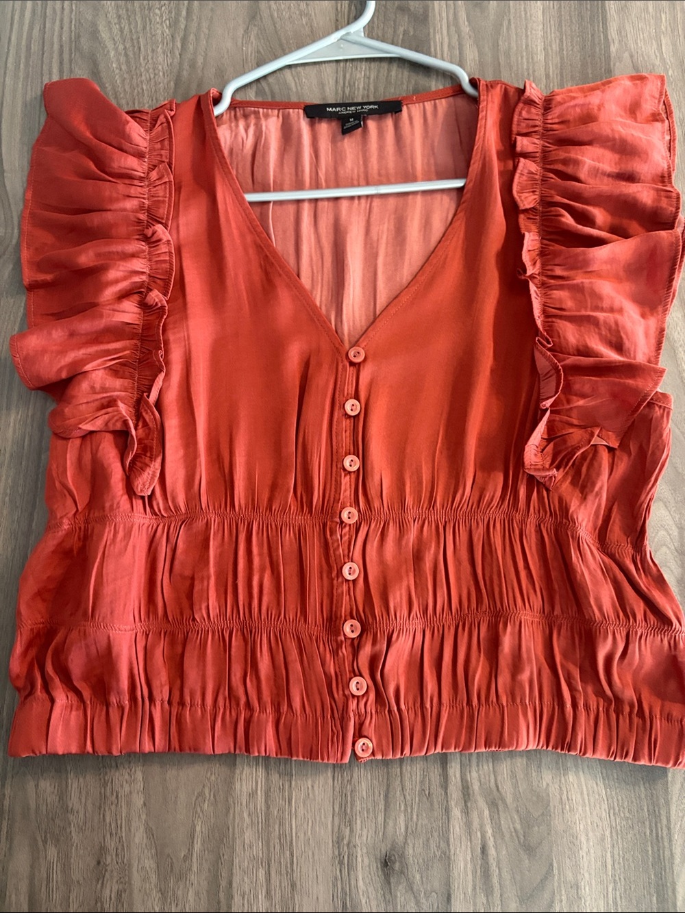 Andrew Marc Rust Ruffle-Sleeve Button Front Blouse
